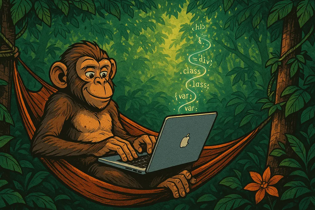 AI Development - Coding monkey with laptop showing programming concepts